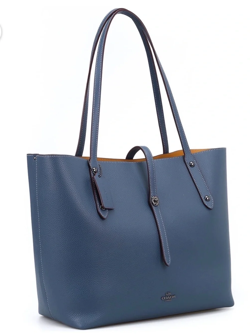 Coach Leather Market Large Tote in Denim Blue with Marigold Interior